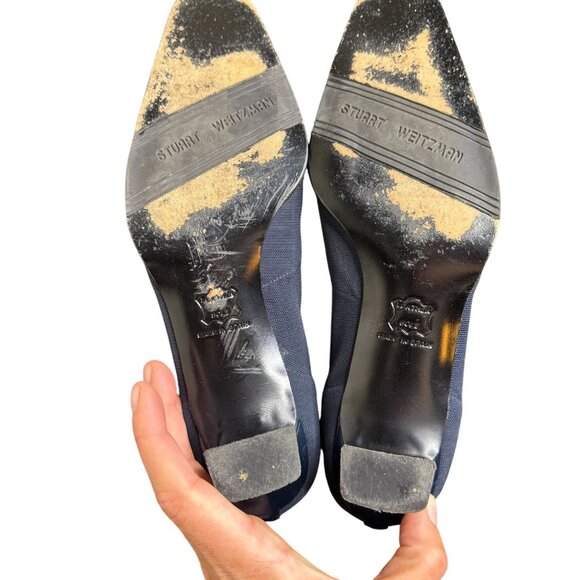 Vintage 90s Stuart Weitzman Navy Blue Square Toe Kitten Heel Loafers, Fabric - Picture 9 of 14